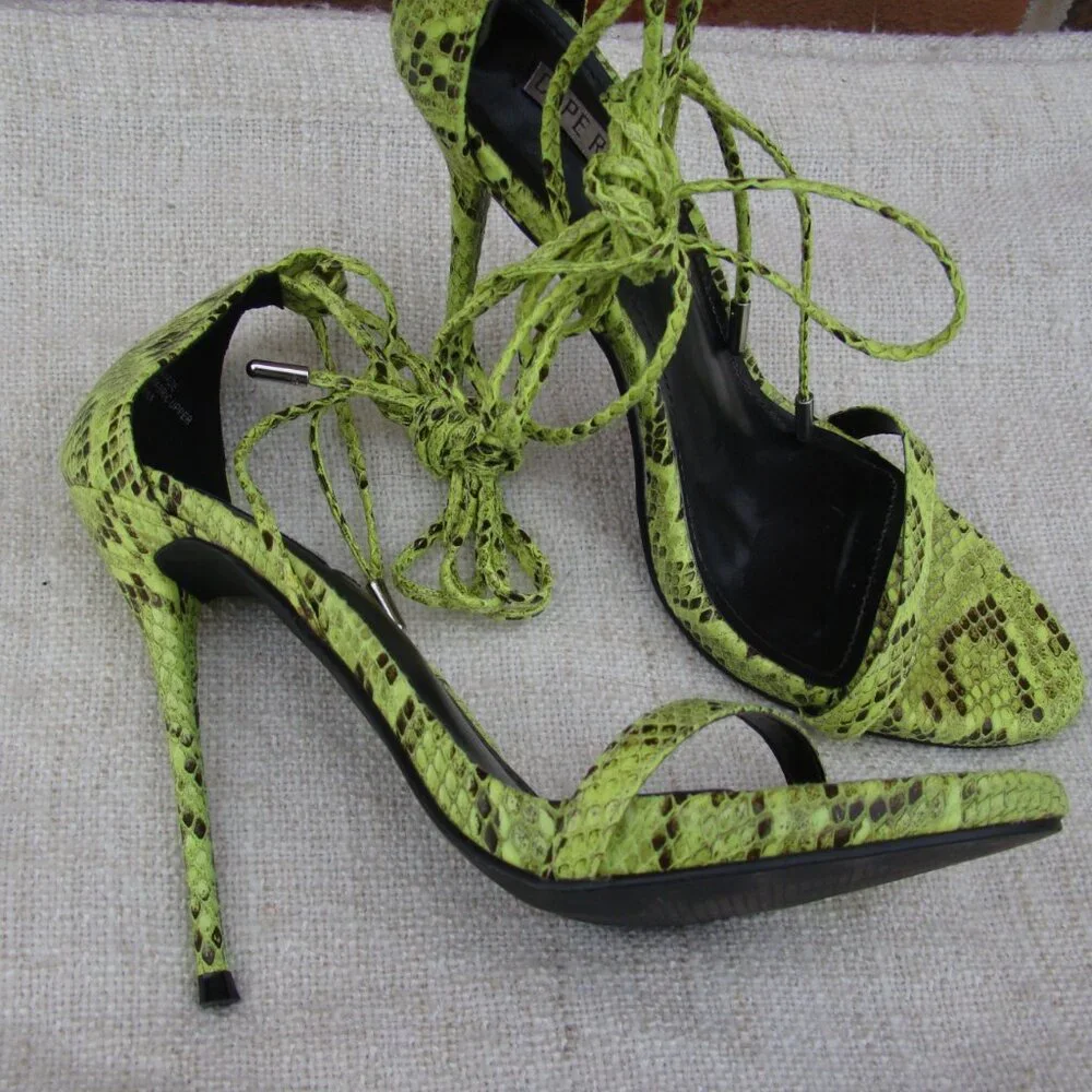 Cape Robbin Invade neon green snake wrap around peep toe high heels, S 8 - Picture 5 of 9